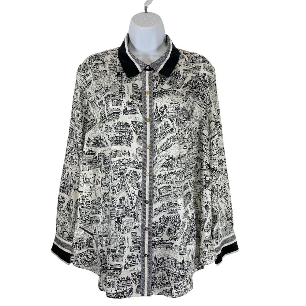 Talbots Plus London Map Print Button Down Blouse Black White